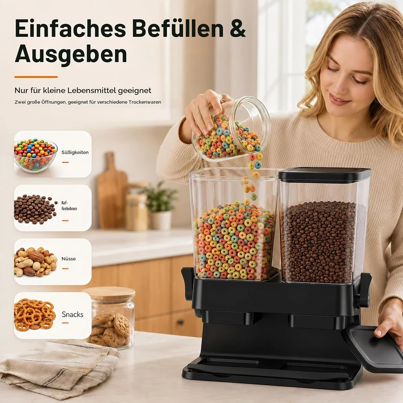 3L Grosse Müslispender mit Doppelbehälter, Cornflakes Spender aus ABS+PS, Cornflakes Behälter mit De