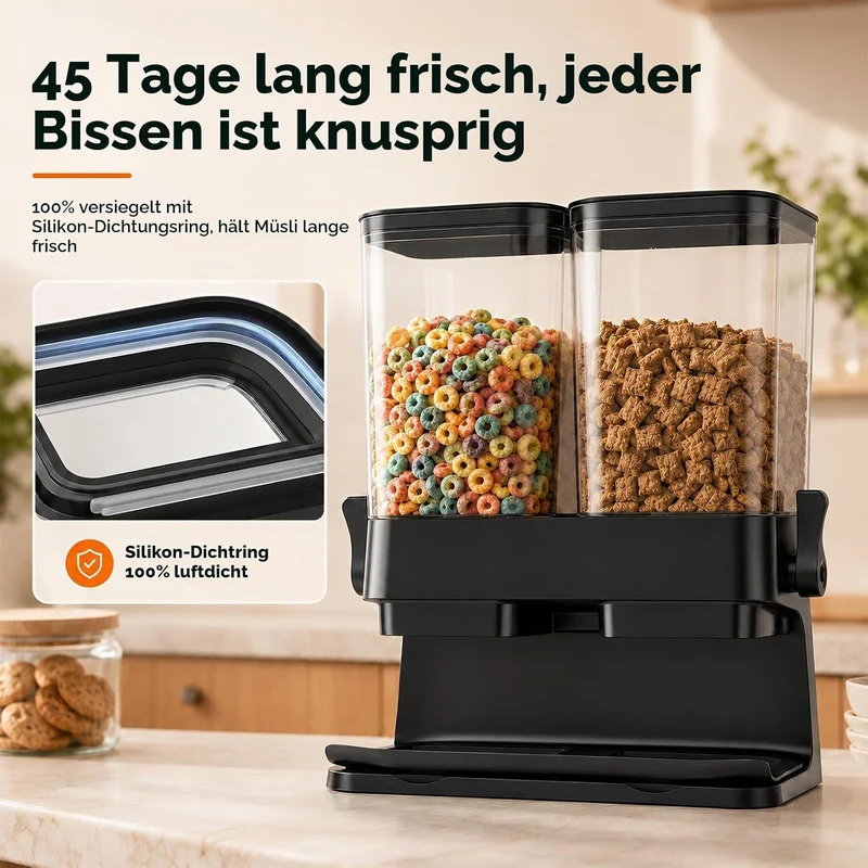 3L Grosse Müslispender mit Doppelbehälter, Cornflakes Spender aus ABS+PS, Cornflakes Behälter mit De