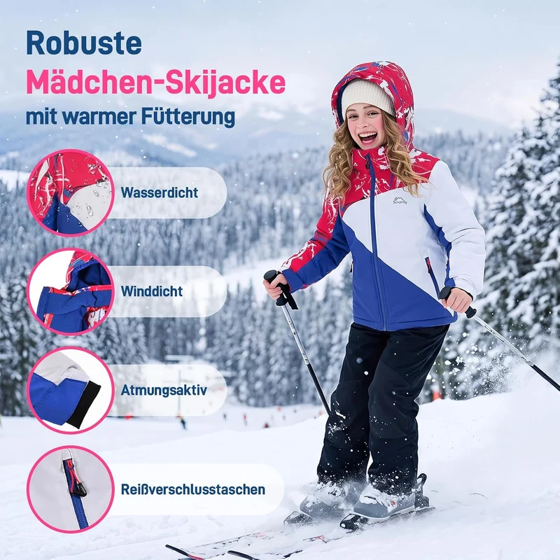 SMONTY Mädchen Skijacke, wasserdicht, warm, mit Kapuze, Schnee-Wintermantel für Kinder 128-134 Blau,