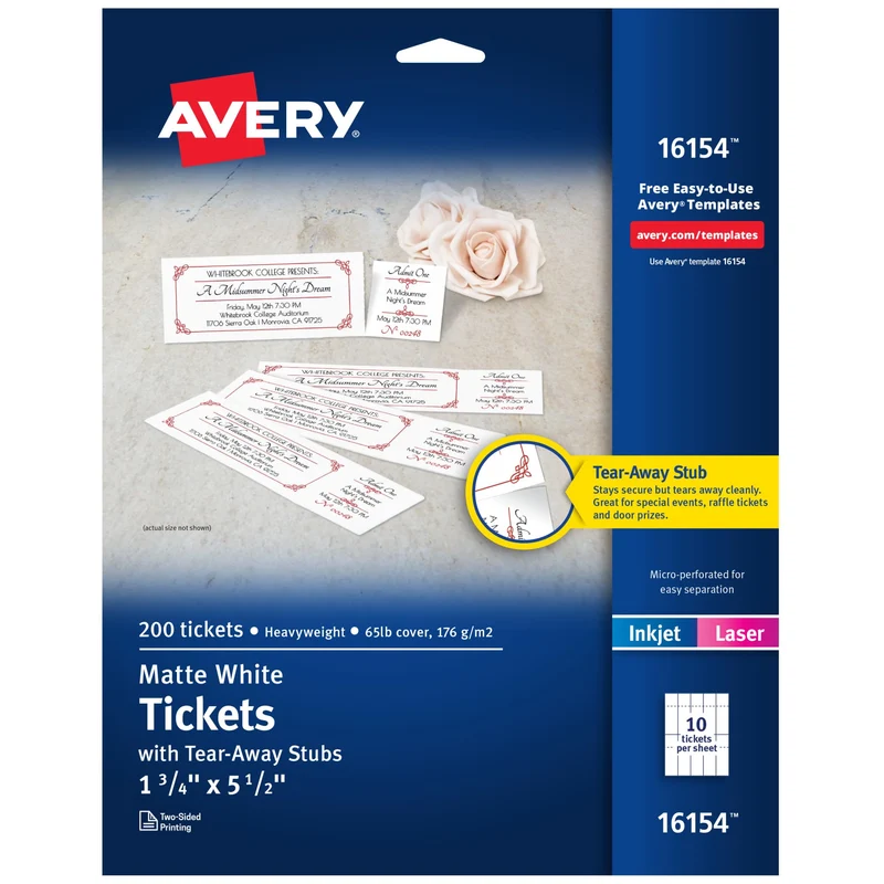 Avery Bedruckbare Tickets mit abreissbaren Stäben, Weiss, 4,5 cm Breite x 14,9 cm Länge – Laser, Tin