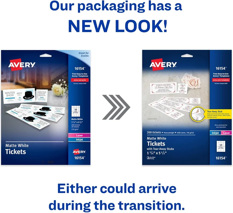 Avery Bedruckbare Tickets mit abreissbaren Stäben, Weiss, 4,5 cm Breite x 14,9 cm Länge – Laser, Tin
