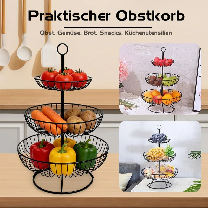 Obst Etagere 3 Stöckig, Obstkorb Etagere Metall, Stabil Obstschale Snackbar Obst und Gemüse Aufbewah