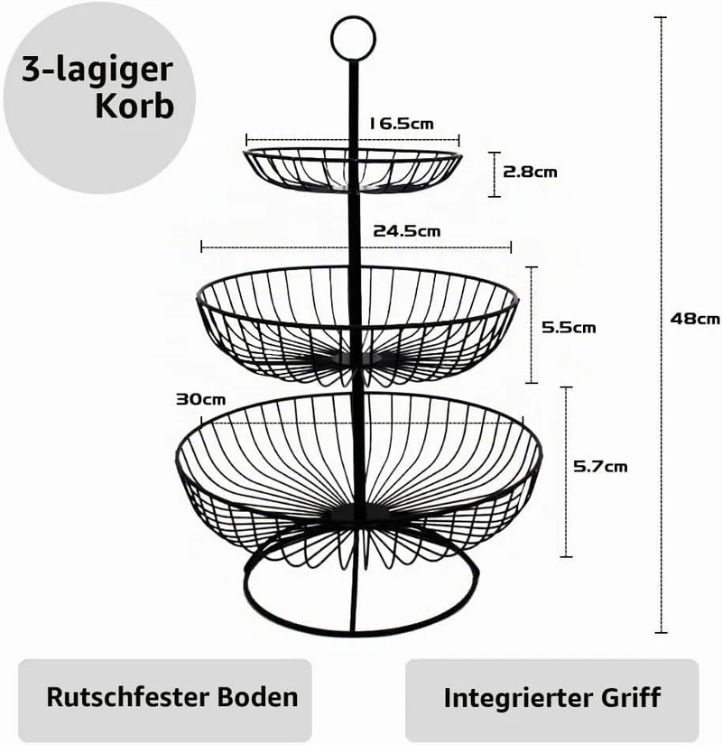 Obst Etagere 3 Stöckig, Obstkorb Etagere Metall, Stabil Obstschale Snackbar Obst und Gemüse Aufbewah