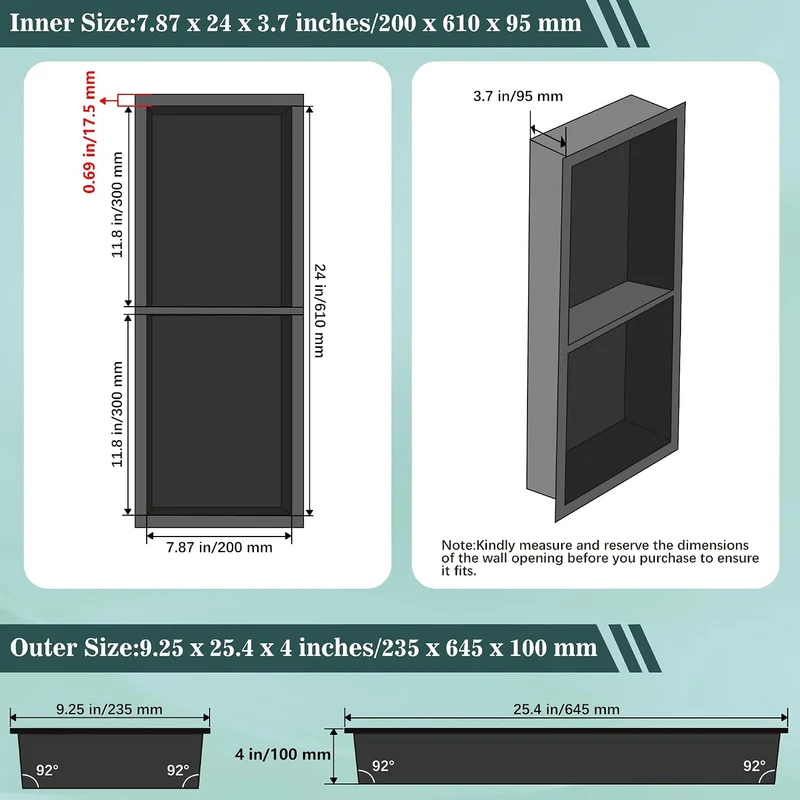 FTL Wandnische Dusche Edelstahl 20x60x10 cm,Schwarz Duschnische für Badezimmer,Keine Fliesen Erforde