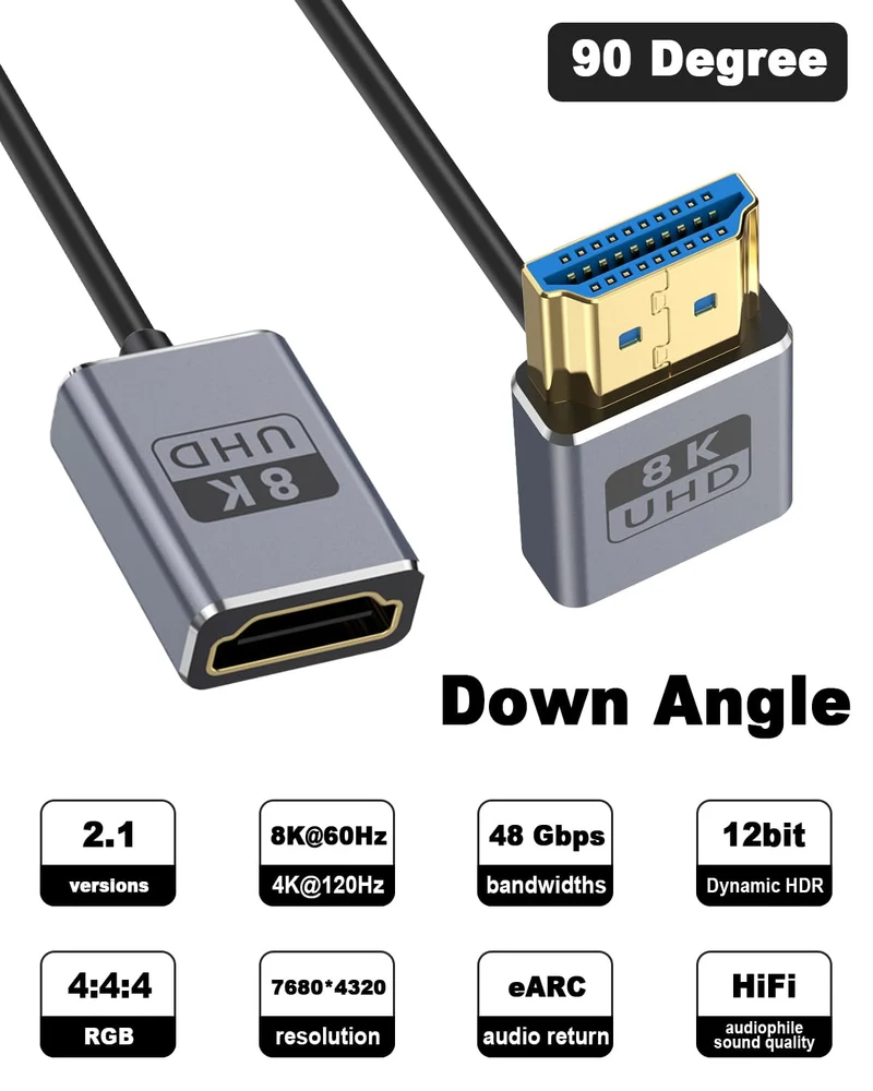 Duttek HDMI-Verlängerungskabel, 8 K, 90 Grad, abgewinkelt, HDMI-Stecker auf Buchse, 48 Gbit/s Bandbr