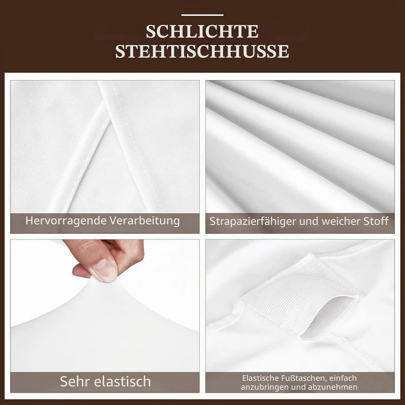 3er-Set Weiss Stretch Stehtisch Husse Ø 70-75 cm Verstärkung im Fussbereich & 40°C Waschbar, rutschf