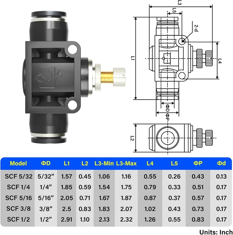 SCF-1/4 Luftstromregelventil mit Push-to-Connect-Armatur, Inline-Drehzahlregler, Union gerade – 1/4