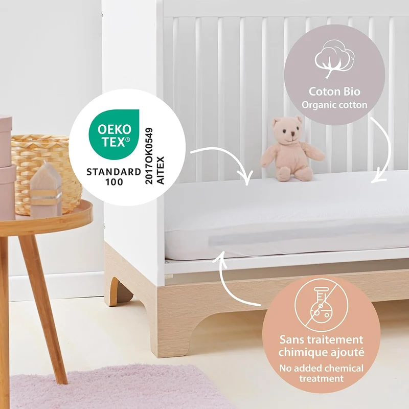 Kadolis - wasserdichte Babyunterlage Bouclette Bio-Baumwolle - Matratzenschutz für Babybett 60x120 c