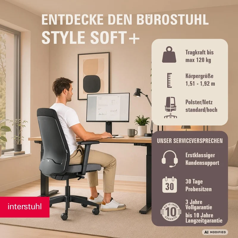 Interstuhl Style Soft+ Ergonomischer Bürostuhl mit hoher Rückenlehne – Schreibtischstuhl für grosse