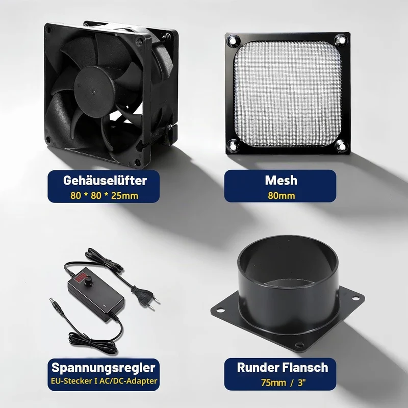 DC12V Axiallüfter Rohrventilator, 80 * 25mm, Schwarz | Dual Kugellager, LED Display Controller, 75mm