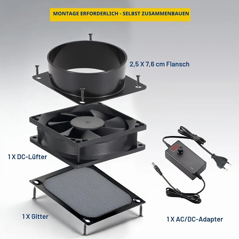DC12V Axiallüfter Rohrventilator, 80 * 25mm, Schwarz | Dual Kugellager, LED Display Controller, 75mm