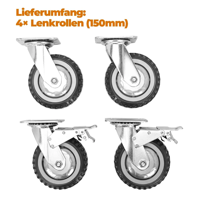 uyoyous 4PCS Schwerlastrollen 150mm Transportrollen Möbelrollen Vollgummi Rollen 2 Bremsrollen 2 Len