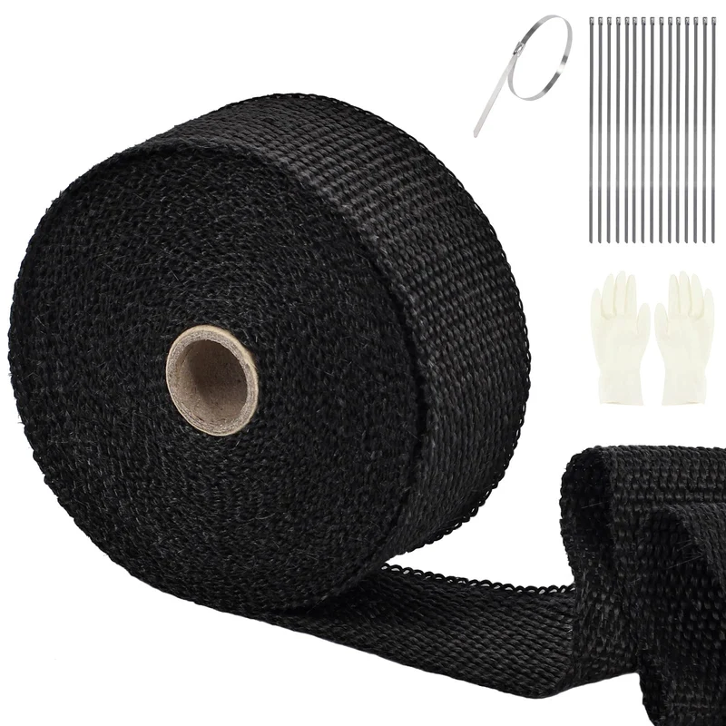 SOMLAW Hitzeschutzband 15M, Basaltfaser Hitzeschutzband Auspuff mit 15 Kabelbinder und Handschuhe, A