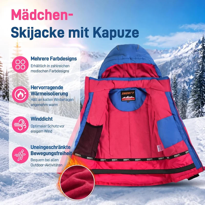 SMONTY Mädchen Skijacke, wasserdicht, warm, mit Kapuze, Schnee-Wintermantel für Kinder 140-152 Rot,