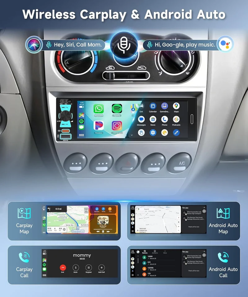Hodozzy 1 Din RDS Autoradio mit Drahtlos Carplay Android Auto, 6.5 Zoll In-Cell Bildschirm,Unterstüt