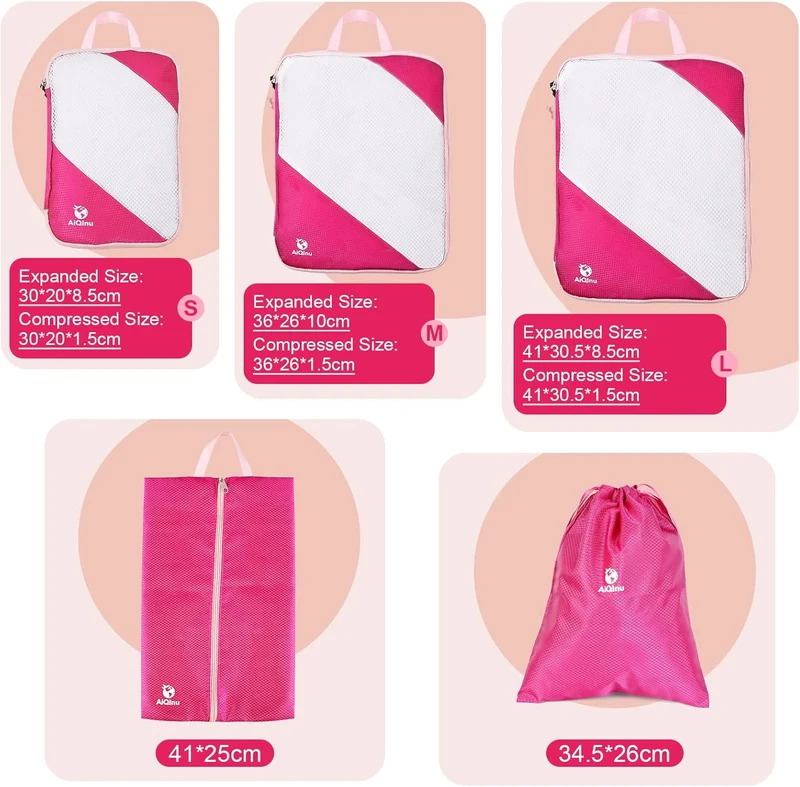 AiQInu Packing Cubes Compression, 5 Stück Packtaschen Kompression Koffer Organizer Set mit Wäschebeu