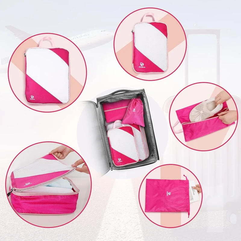 AiQInu Packing Cubes Compression, 5 Stück Packtaschen Kompression Koffer Organizer Set mit Wäschebeu