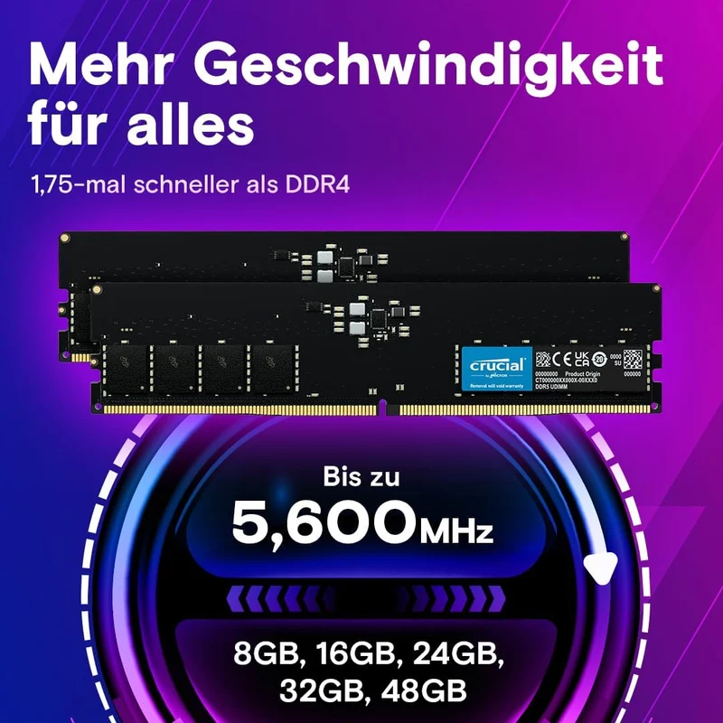 Crucial RAM 8GB DDR5 5200MHz (oder 4800MHz) Desktop Arbeitsspeicher CT8G52C42U5 8GB 5200MHz, 8GB 520