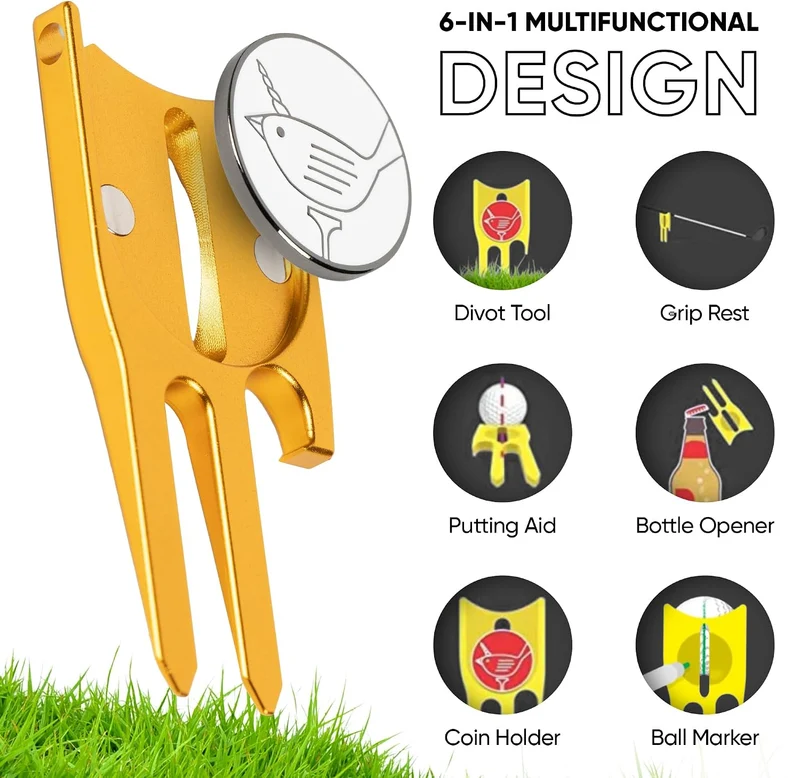 Birdicorn Golf Divot Repair Tool & Golf Ball Marker 6-in-1 Golf Divot Tool Gold, Gold