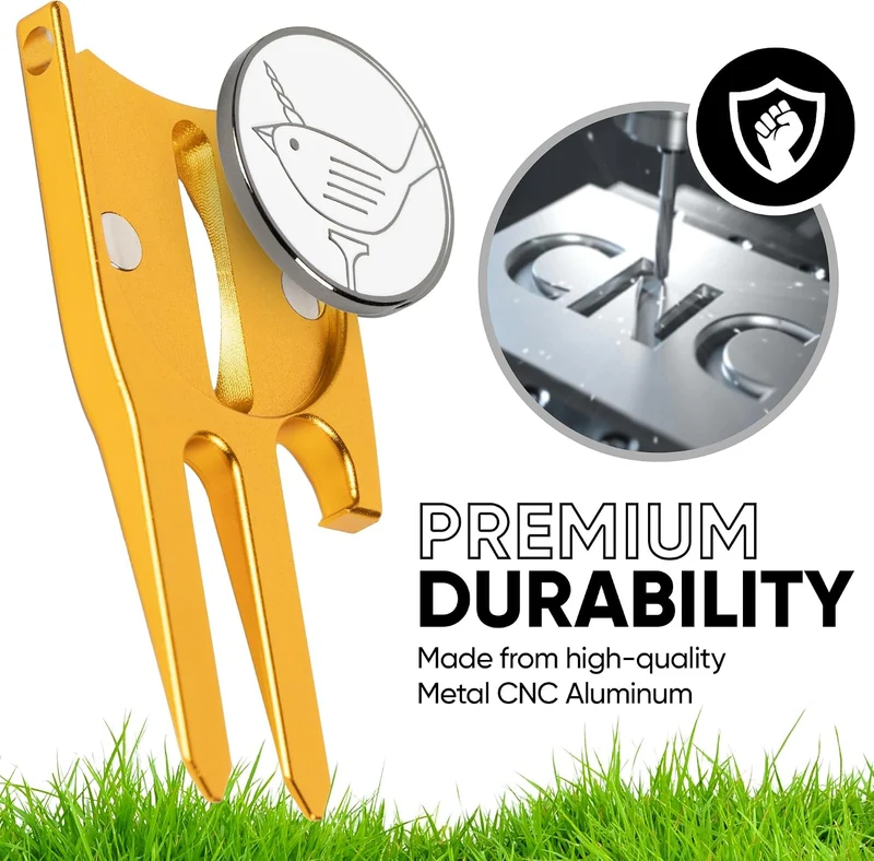 Birdicorn Golf Divot Repair Tool & Golf Ball Marker 6-in-1 Golf Divot Tool Gold, Gold