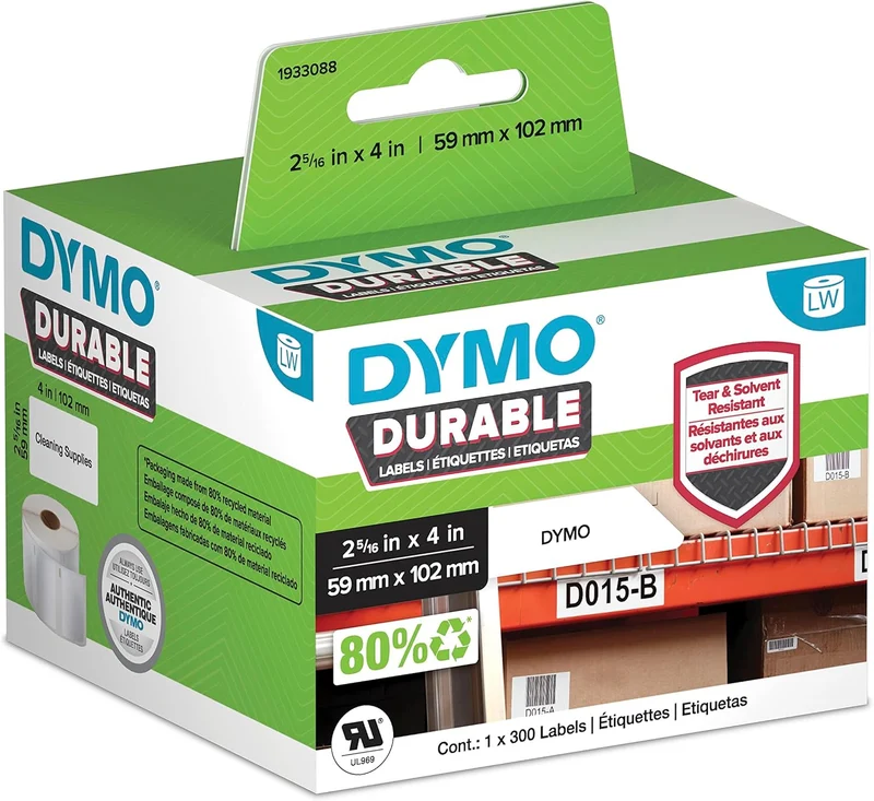 DYMO Original LabelWriter Hochleistungs-Etiketten | 59 mm x 102 mm | weisses Kunststoff-Etikett | Ro