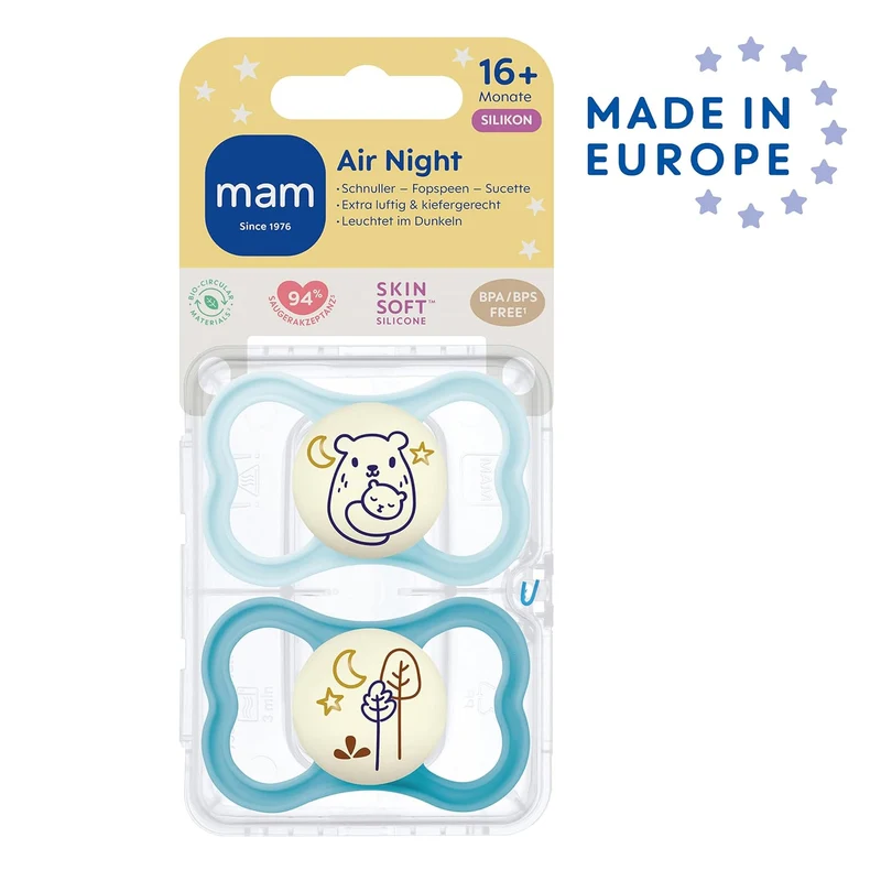 MAM Air Night Silikon Schnuller im 2er-Set, zahnfreundlicher und leuchtender Baby Schnuller, extra l