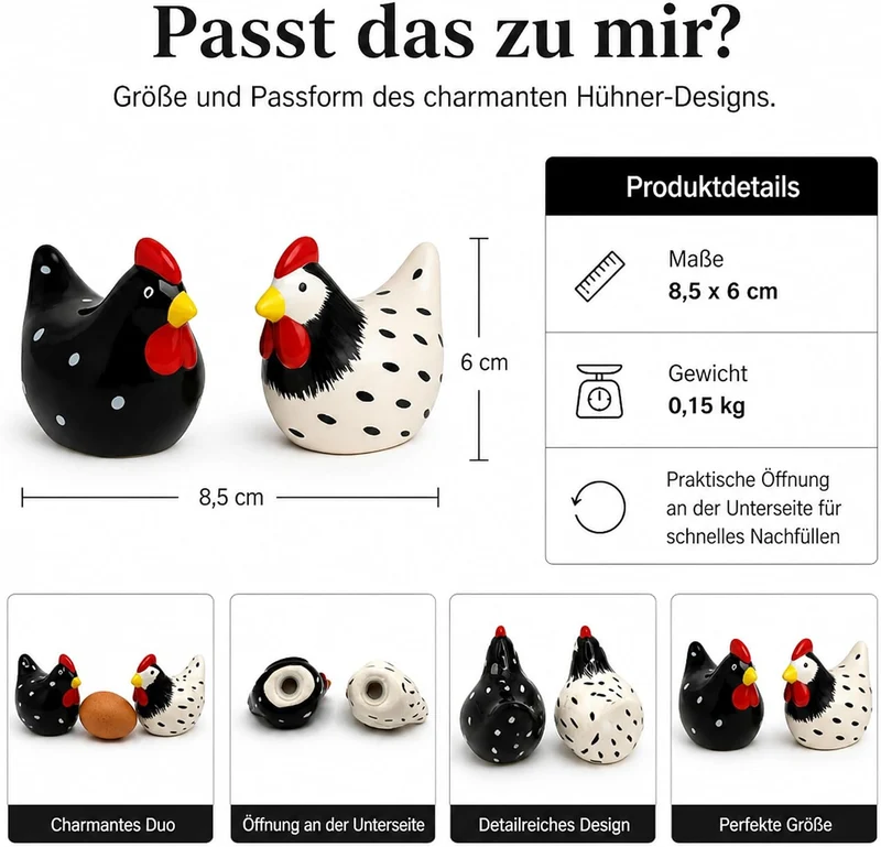 Salz- und Pfefferstreuer Set im Hühner-Design – dekoratives Tisch-Accessoire – Keramik (8,5 x 6 cm),