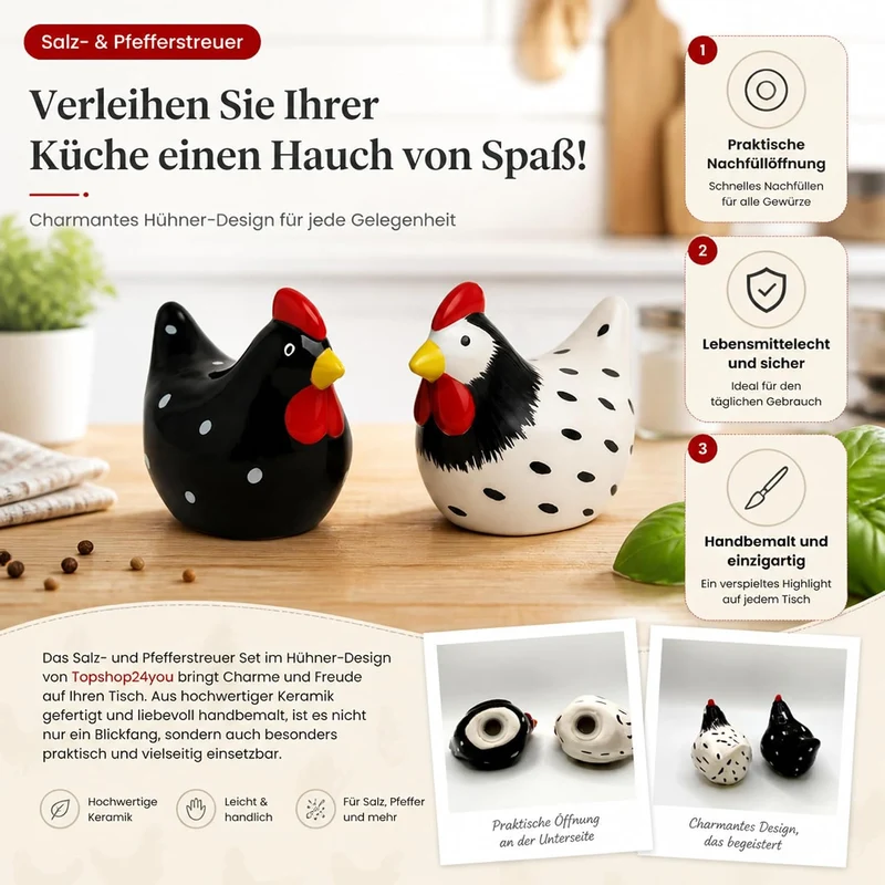 Salz- und Pfefferstreuer Set im Hühner-Design – dekoratives Tisch-Accessoire – Keramik (8,5 x 6 cm),