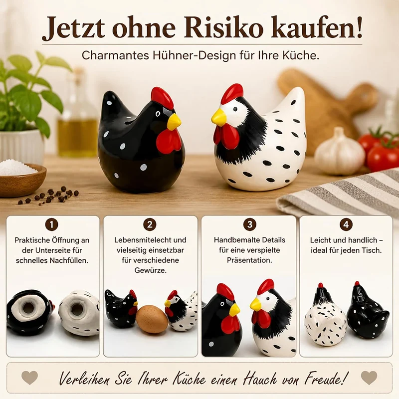 Salz- und Pfefferstreuer Set im Hühner-Design – dekoratives Tisch-Accessoire – Keramik (8,5 x 6 cm),