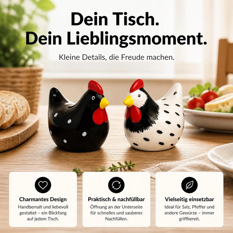 Salz- und Pfefferstreuer Set im Hühner-Design – dekoratives Tisch-Accessoire – Keramik (8,5 x 6 cm),