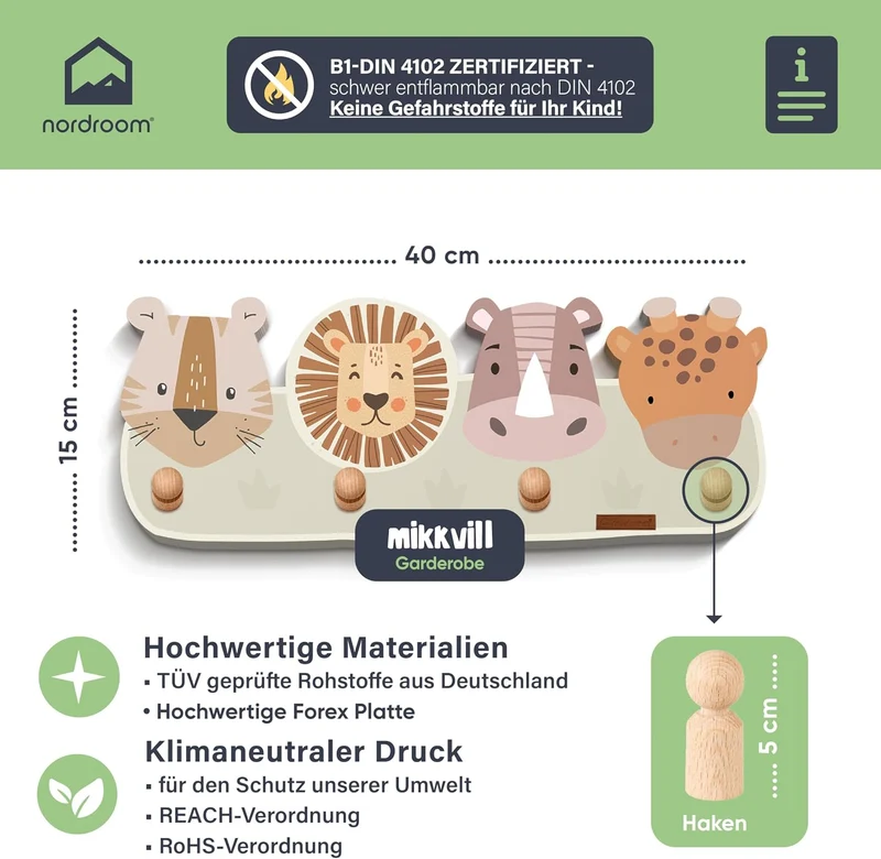 Kindergardroben mit 4 Haken - Wandgarderobe mit Tiermotiven für Kinderzimmer - Garderobenhaken aus H