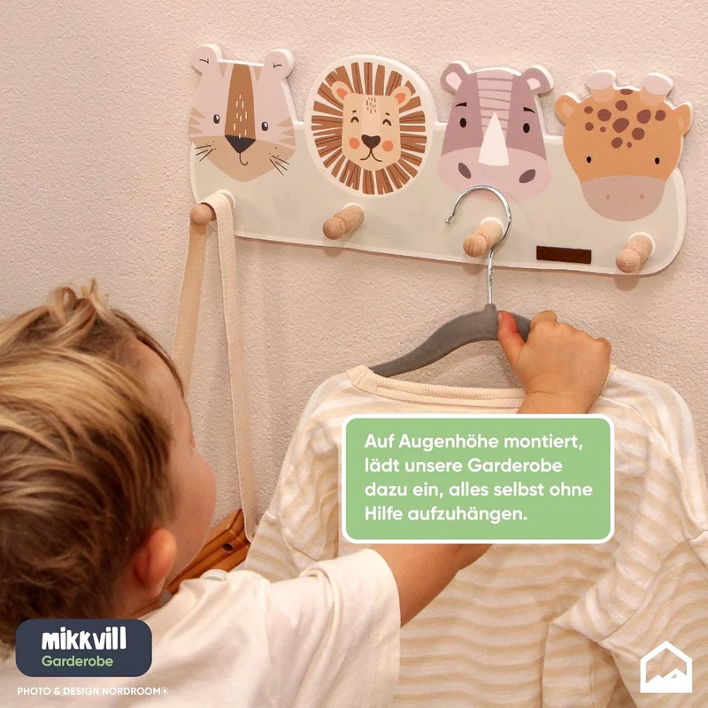 Kindergardroben mit 4 Haken - Wandgarderobe mit Tiermotiven für Kinderzimmer - Garderobenhaken aus H
