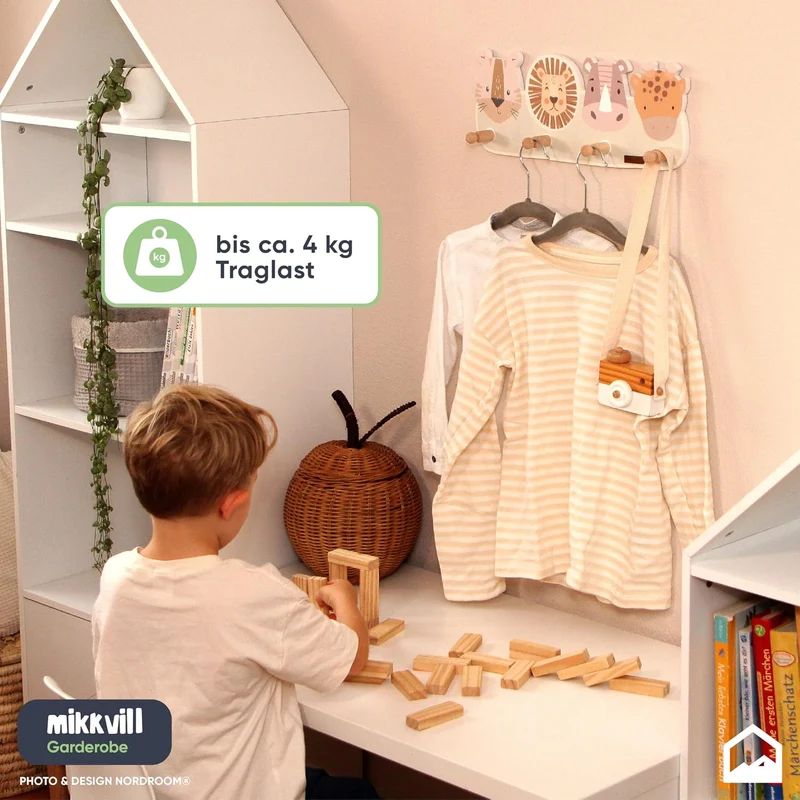 Kindergardroben mit 4 Haken - Wandgarderobe mit Tiermotiven für Kinderzimmer - Garderobenhaken aus H