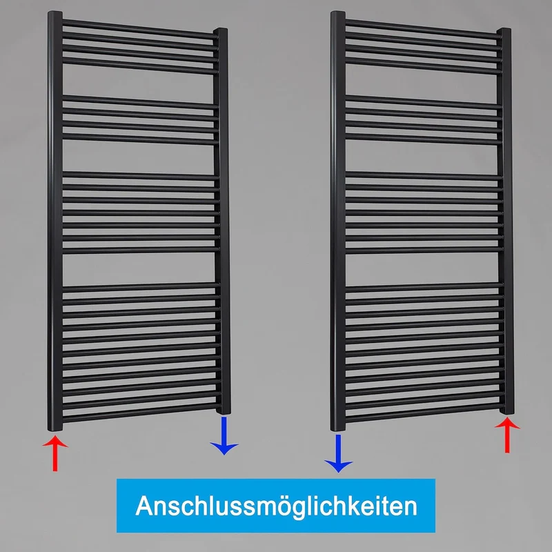 Heizkörper Badheizkörper Handtuchwärmer mit Seitenanschluss unten schwarz (1424 x 750 mm) (866 Watt