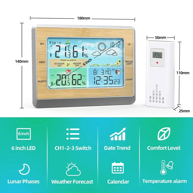 WLAN-Wetterstation mit LED-Farbbildschirm, Helligkeitsanpassung, Temperatur und Luftfeuchtigkeit, we
