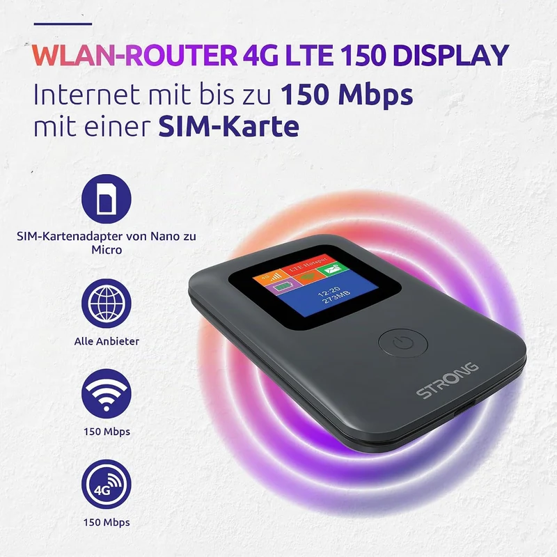 Strong 4G Mobiler Hotspot mit Display, tragbarer WLAN Router, 150 Mbit/s, ideal für Reisen, Messen u