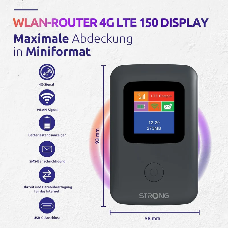 Strong 4G Mobiler Hotspot mit Display, tragbarer WLAN Router, 150 Mbit/s, ideal für Reisen, Messen u