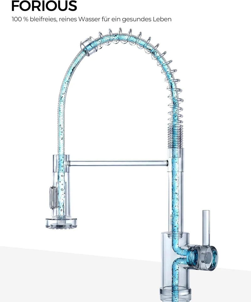 FORIOUS Wasserhahn Küche, Hoher Bogen Hochdruck Küchenarmatur mit Herunterziehen Brause Armatur, Mis