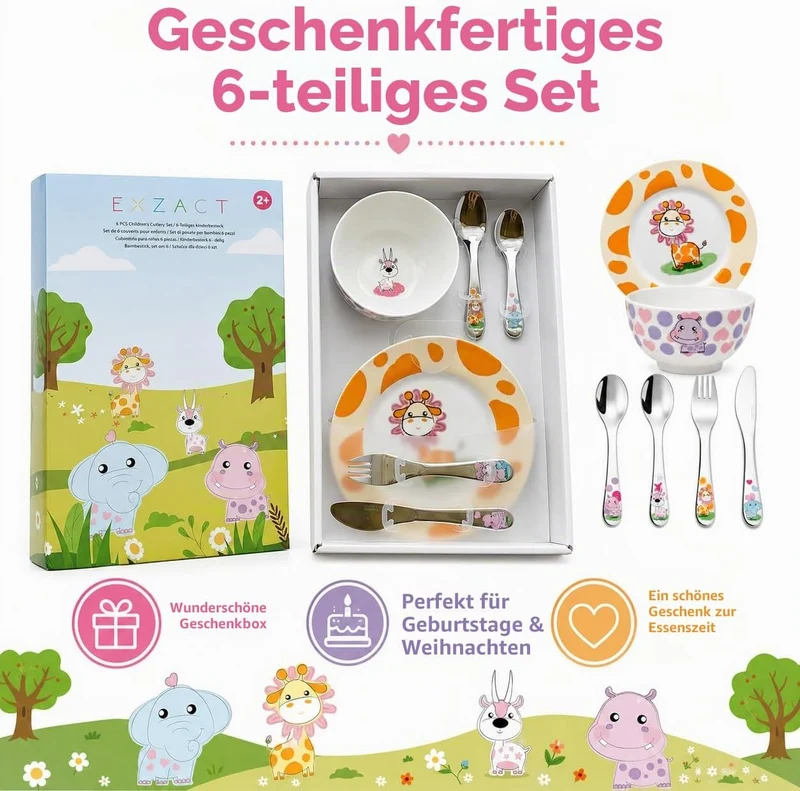 Exzact Besteck Geschenkset 6 Stücken aus Edelstahl/Kindergeschirr - 1 x Schale, 1 x Teller, 1 x Tafe