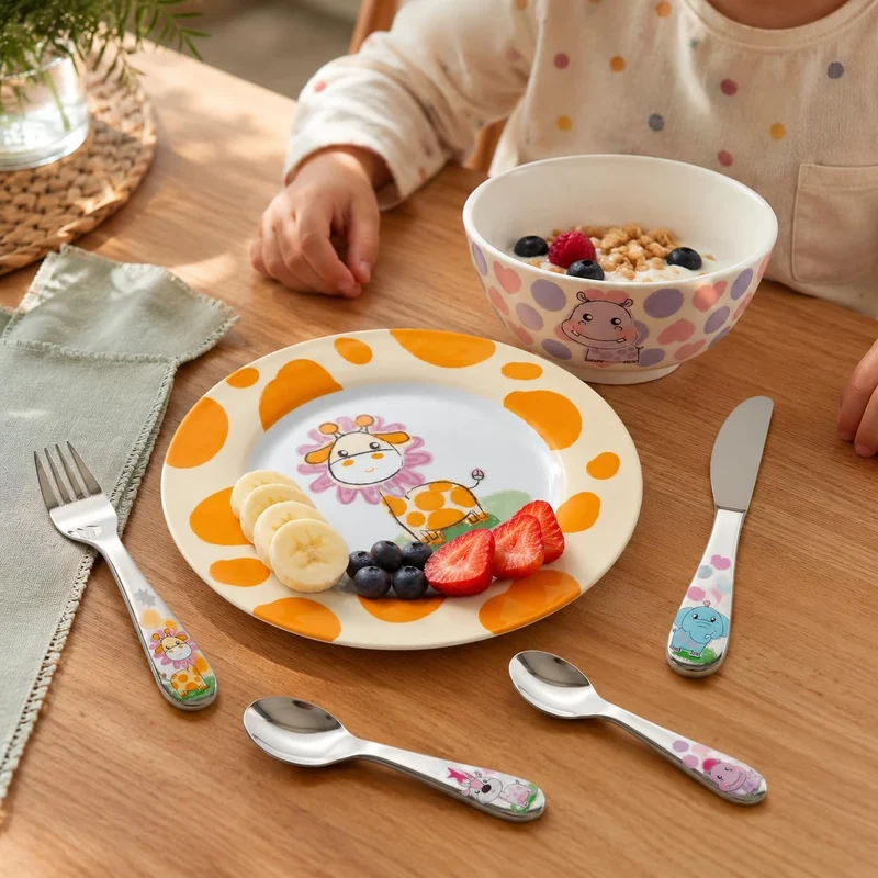 Exzact Besteck Geschenkset 6 Stücken aus Edelstahl/Kindergeschirr - 1 x Schale, 1 x Teller, 1 x Tafe