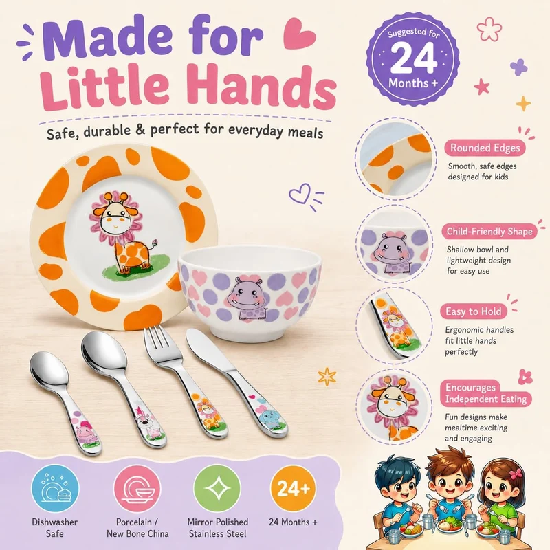 Exzact Besteck Geschenkset 6 Stücken aus Edelstahl/Kindergeschirr - 1 x Schale, 1 x Teller, 1 x Tafe