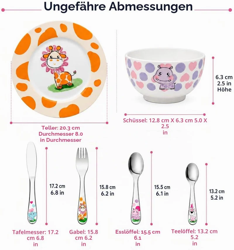 Exzact Besteck Geschenkset 6 Stücken aus Edelstahl/Kindergeschirr - 1 x Schale, 1 x Teller, 1 x Tafe