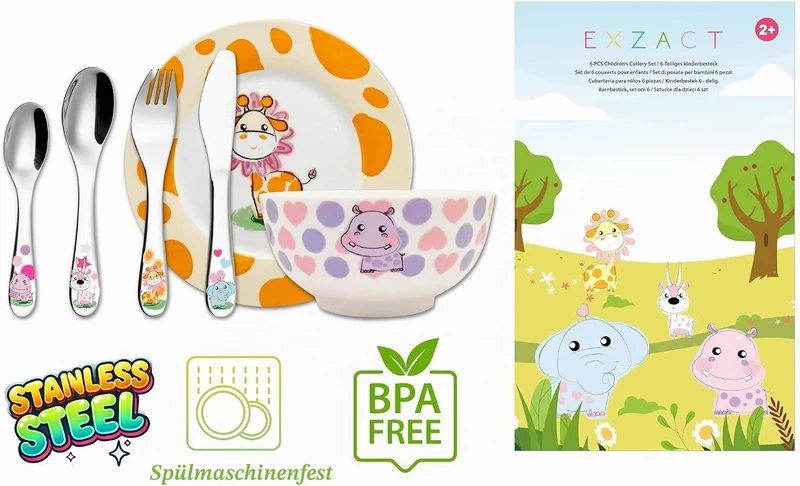 Exzact Besteck Geschenkset 6 Stücken aus Edelstahl/Kindergeschirr - 1 x Schale, 1 x Teller, 1 x Tafe