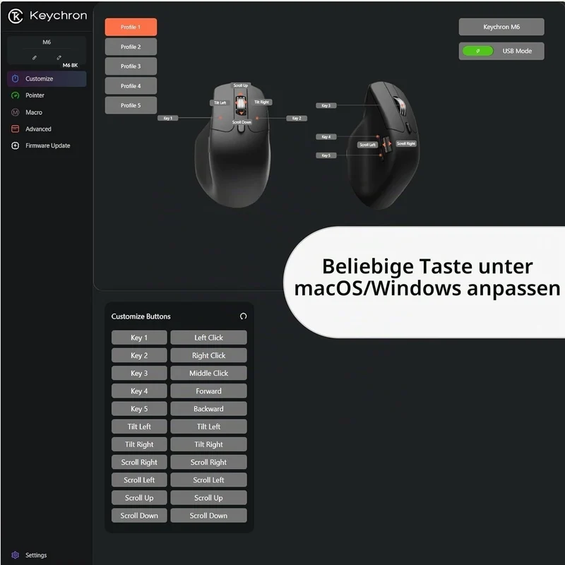 Keychron M6 Upgrade Wireless Bluetooth/2.4 GHz/Kabelgebundene Optische Maus,1000Hz Leichtgewicht Pro