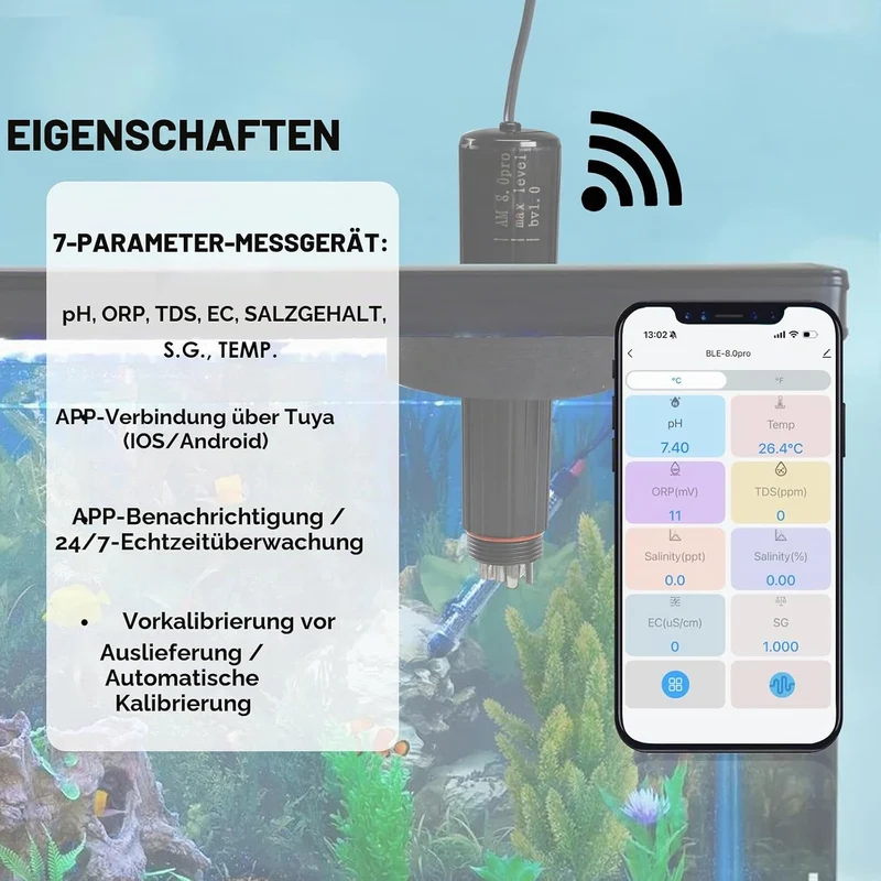7-in-1 WiFi-Smart-Wasserqualitätssonde Echtzeit-Überwachung von pH-Wert | Temperatur | TDS | EC | Sa