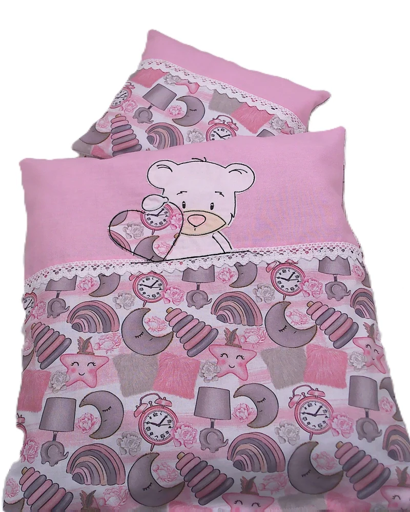 Puppenbettwäsche mit Teddy Stickerei, Decke 36 h x 34 b, Kissen 16h x 25 b für Puppenwagen- bett ode