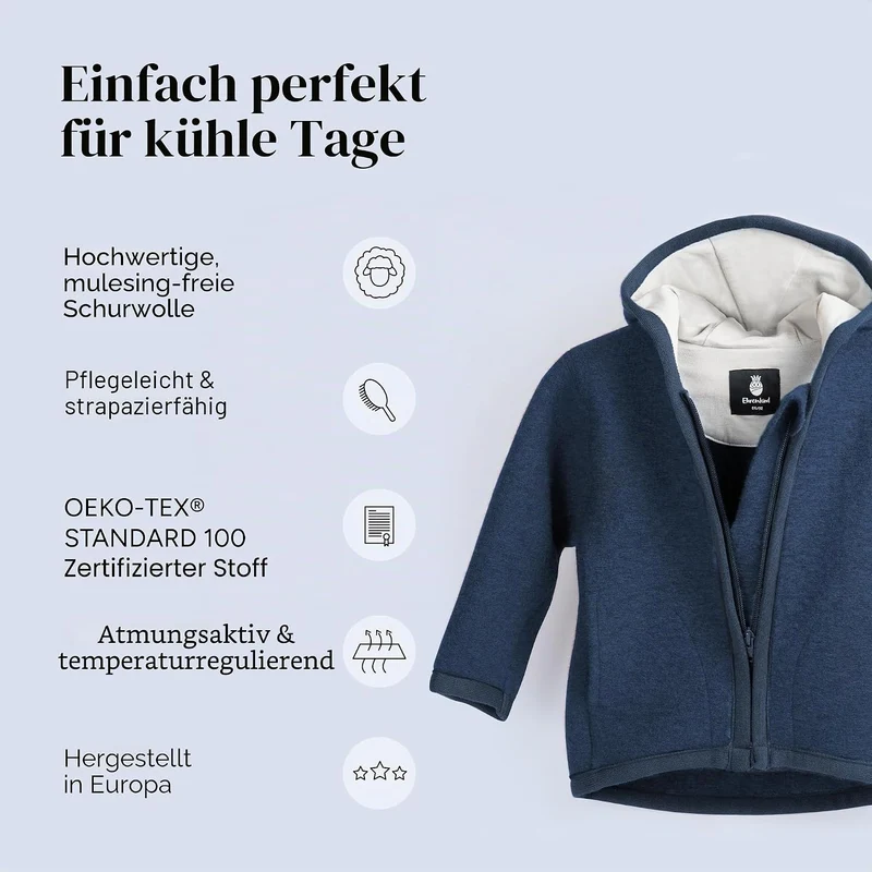 Ehrenkind® Walkjacke Gr. 134/140 | Jacke für Kinder aus Merino Schurwolle mit Reissverschluss | Walk