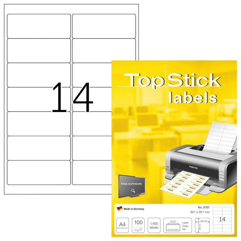 TopStick 8757 Adressetiketten, 1000 Blatt, 99,1 x 38,1 mm, 14 Stück pro A4 Bogen, 14000 Aufkleber, s