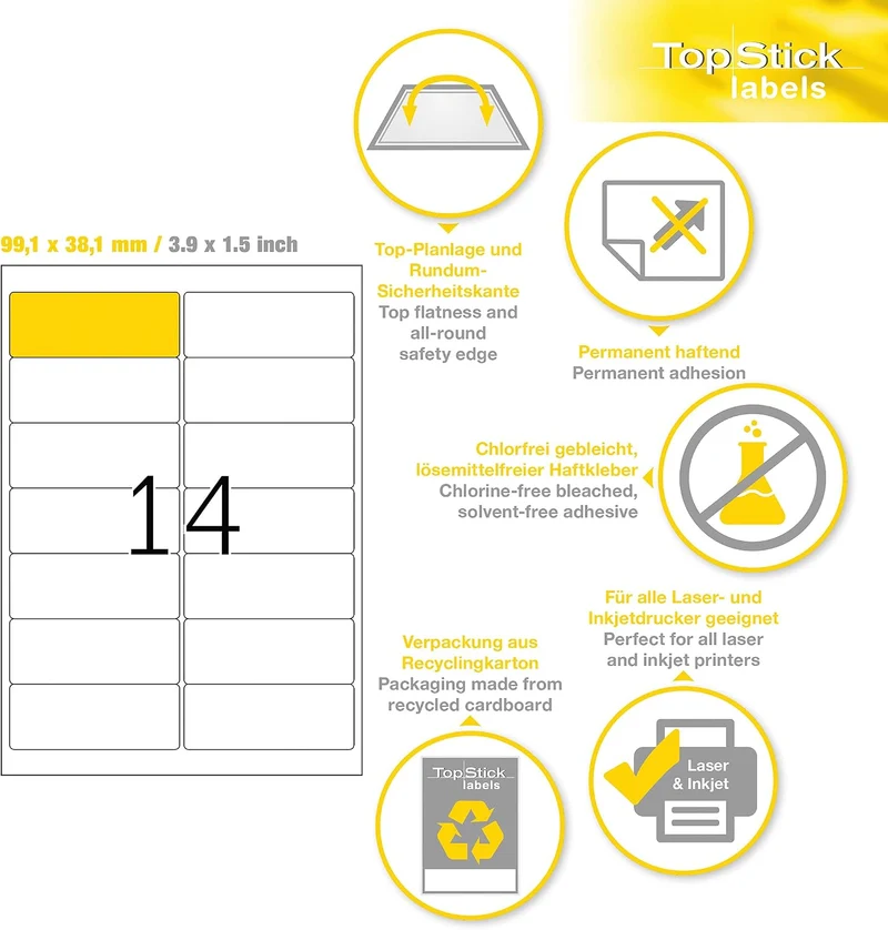 TopStick 8757 Adressetiketten, 1000 Blatt, 99,1 x 38,1 mm, 14 Stück pro A4 Bogen, 14000 Aufkleber, s