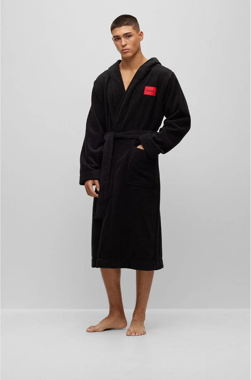 HUGO Herren Terry Gown Hooded Morgenmantel aus Baumwoll-Terry mit rotem Logo-Label, Schwarz